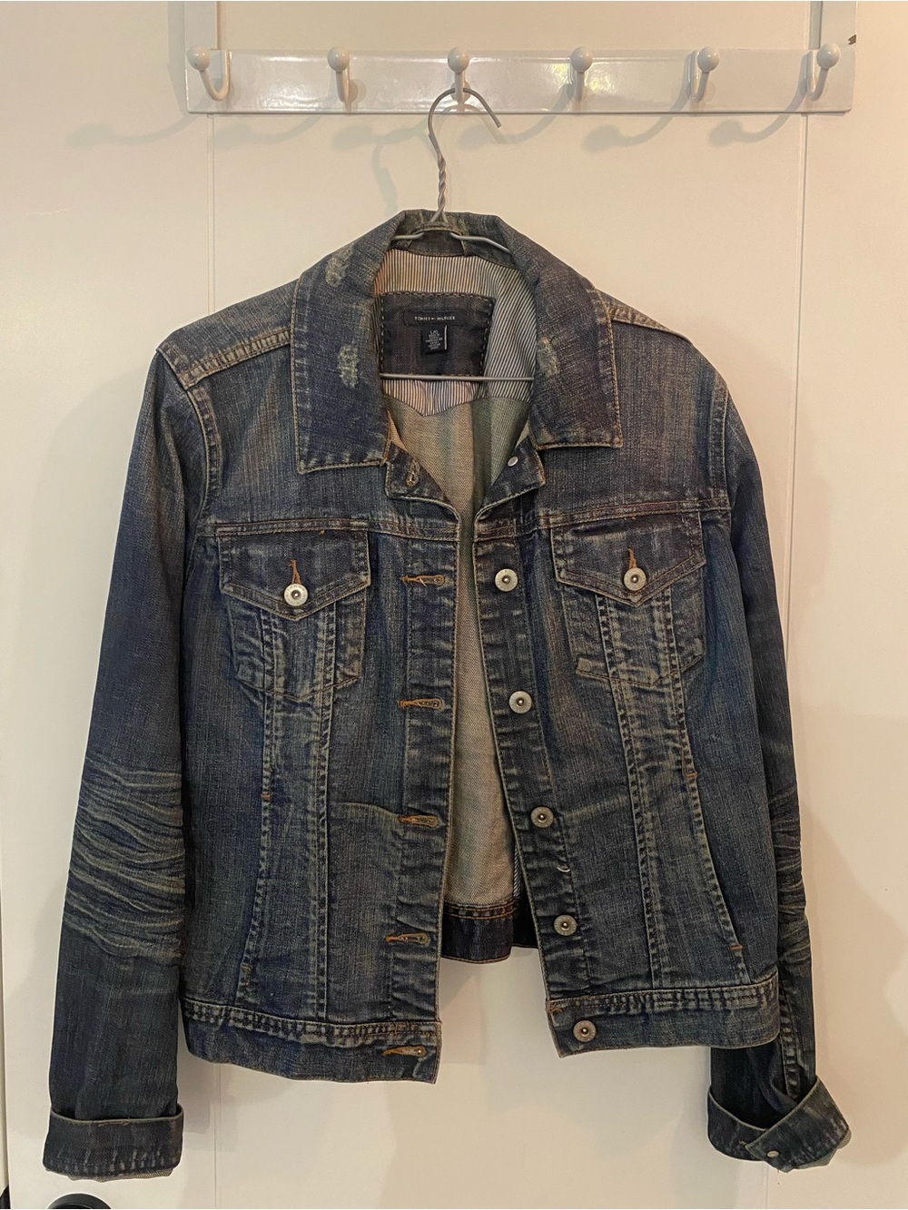 Vintage Tommy Hilfiger Navy Denim Jacket with Signature Flag